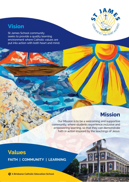 St James Vision and Mission statements displayed on a decorative flyer. 